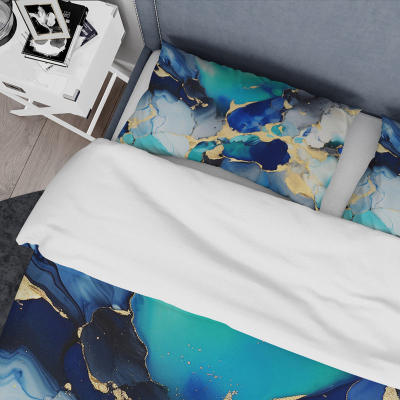 Ensemble de housse de couette en microfibre / polyester Blue and Gold, Housse de couette pour grand lit et 2 taies décor