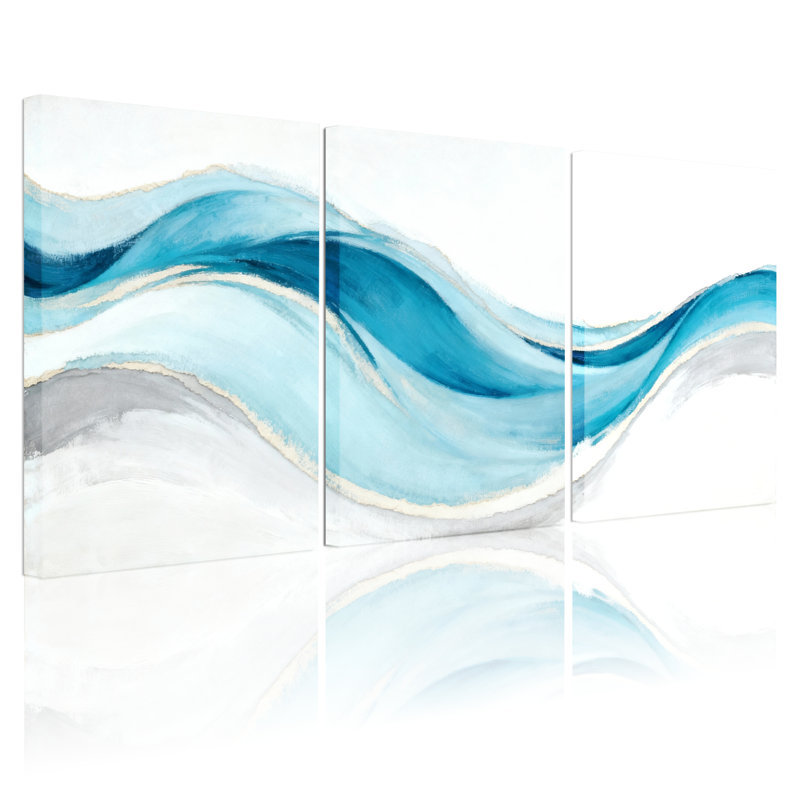 Ensemble de 3 tableaux abstraits à motif de vagues bleues, H 36 po x l 72 po