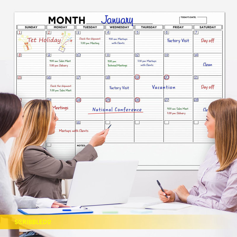 Large 36"x48" White Board Calendar Dry Erase Calendar For Wall Big Dry Erase Wall Calendar 