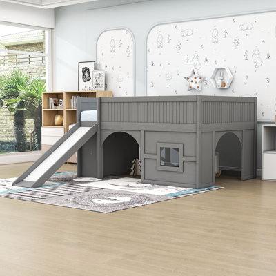 Full Size Low Loft Bed With Built-In Slide, Spacious Underbed Play Zone And Open Shelves