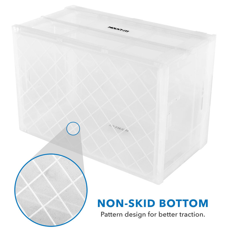Mount-It! Folding Plastic Storage Crate, Collapsible Utility Distribution Container With Attached Lid, 65L Litre Capacity, Clear (Set Of 3)