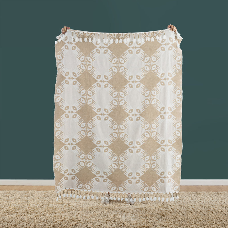 Tan and White Woven Polyester-Acrylic Throw Blanket with Tassels