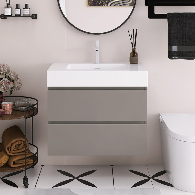 Meuble-lavabo flottant mural 30 po avec lavabo, Gris, Blanc