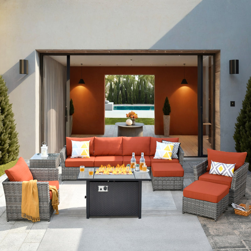 Ensemble de meubles de patio avec coussins 10 pièces Ignatz, Orange-rouge