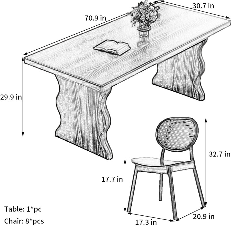 Ensemble de salle à manger Black Wood, H 29,9 po x L 70,9 po x l 30,7 po