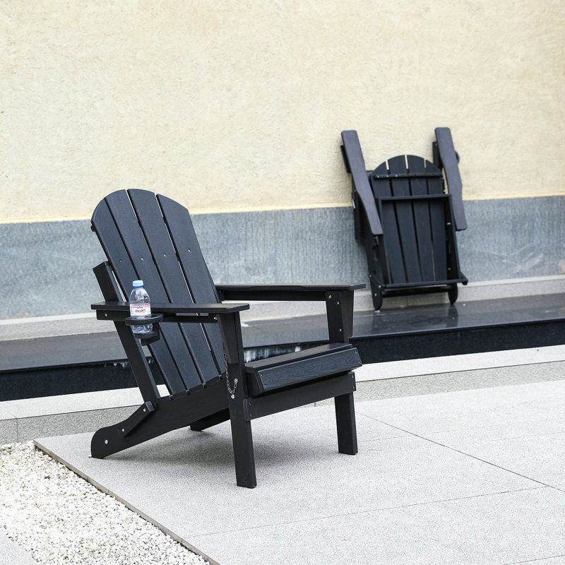 Chaise Adirondack pliante en PEHD avec porte-gobelet double - Chaise Adirondack en composite avec texture bois - Noir, Noir