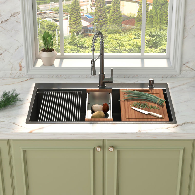 Évier de cuisine encastré 36 po x 22 po, évier de station de travail en acier inoxydable Hercate, cuve simple avec rebord intégré, noir bronze industriel