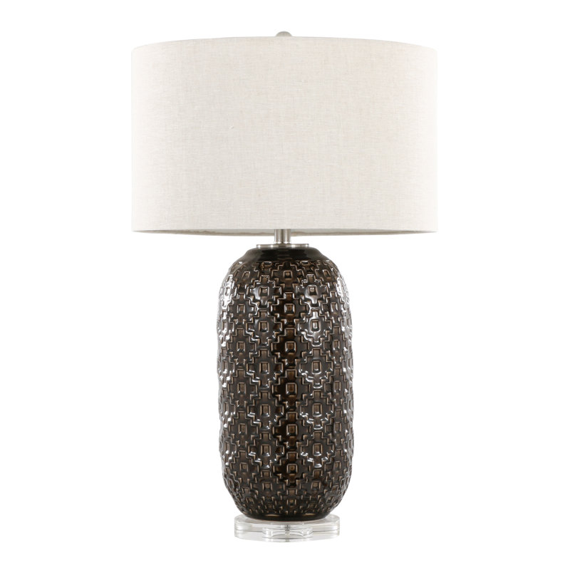 Lampe de table contemporaine L 18 po x l 18 po x H 30,5 po Base en céramique et cristal transparent craquelé gris foncé nickel brossé Abat-jour tambour en lin gris 1pc