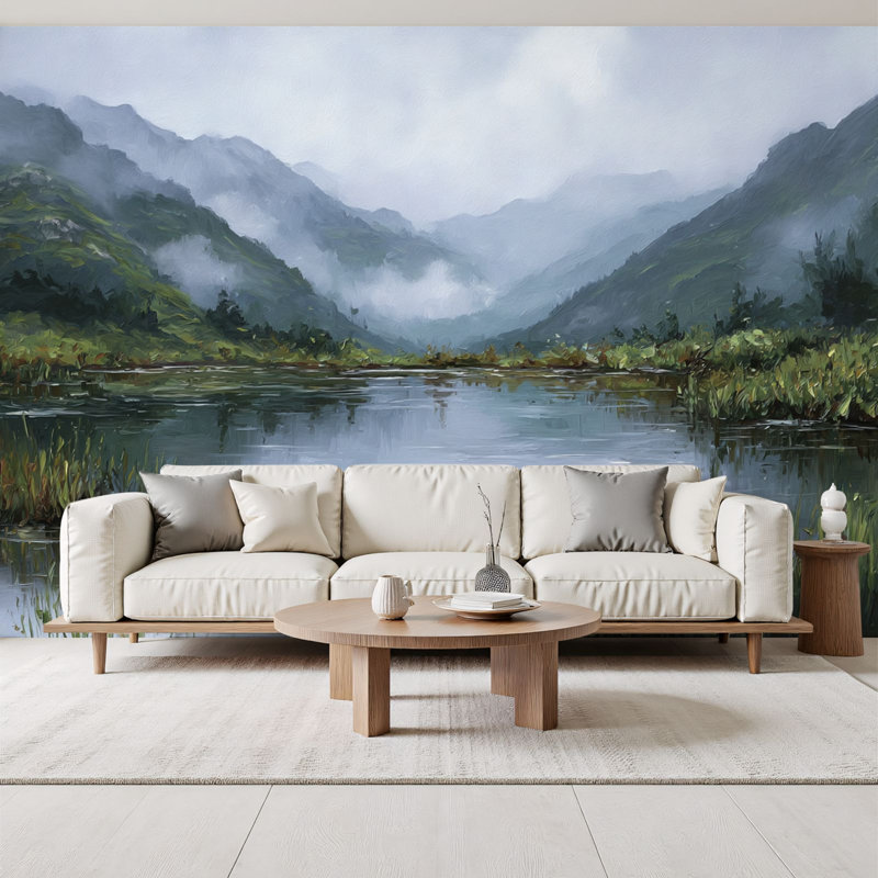 Papier peint adhésif pelucheux Serene Pond Ducks Mountain Landscape Inspired Nature Wall Art, L 96 po x l 69 po
