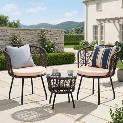 Ensemble bistro 3 pièces, mobilier de jardin extérieur moderne en osier avec plateau en verre trempé et 2 chaises, rotin brun et coussin Begie