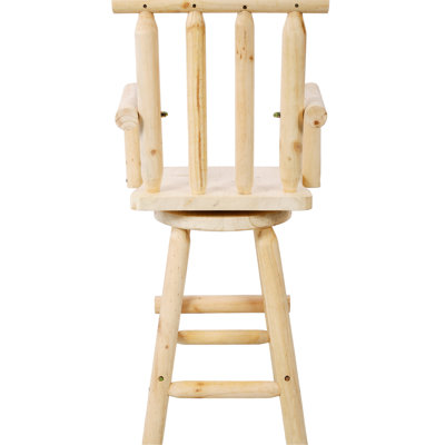 Tabouret de café brun rustique avec pivotement à 360 °, bois de sapin, accoudoir et repose-pieds pour une expérience chaleureuse et confortable.