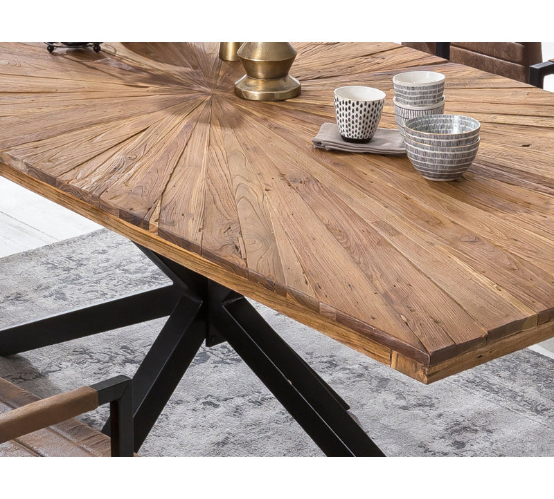 Isaac Teak Solid Wood Top Metal Base Dining Table, Antique Black, 77cm H x 180cm L x 100cm W