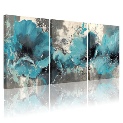 Ensemble de 3 tableaux abstraits floraux bleus sur toile tendue, pour la décoration du salon et de la chambre.