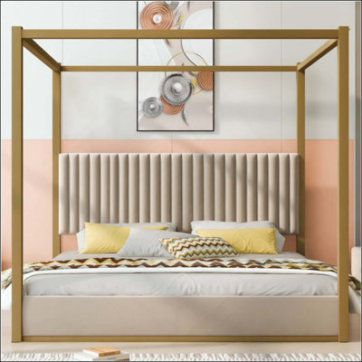 Upholstery Canopy Platform Bed With Headboard And Metal Frame