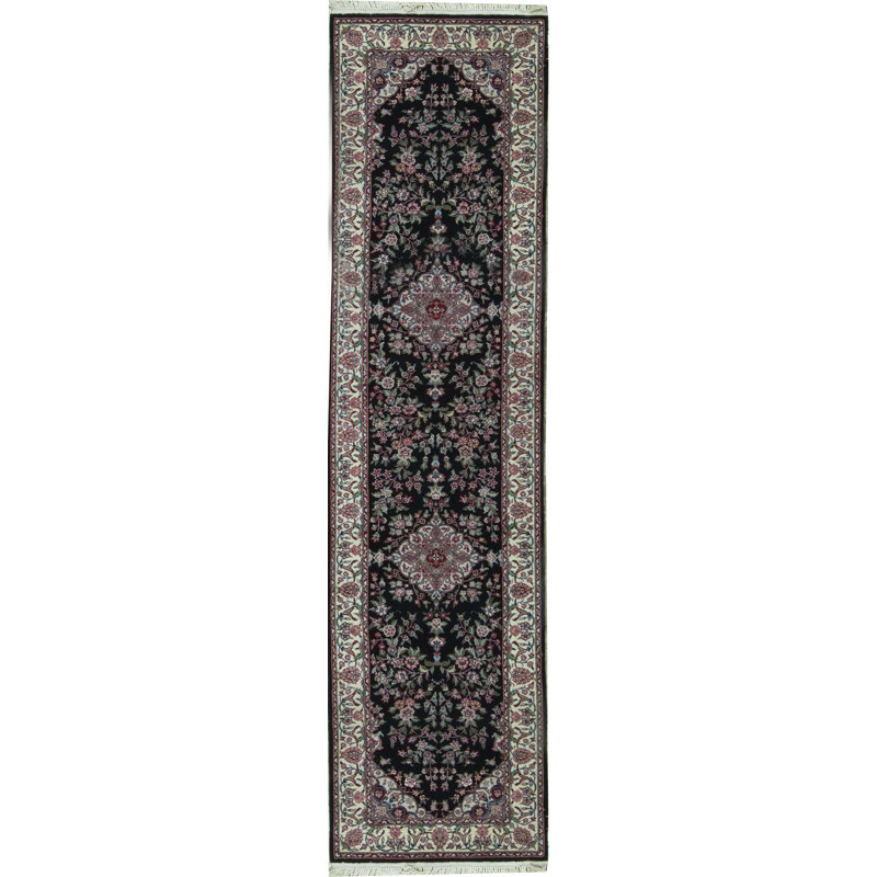 Tapis noir, beige et rouge noué à la main de haute qualité
