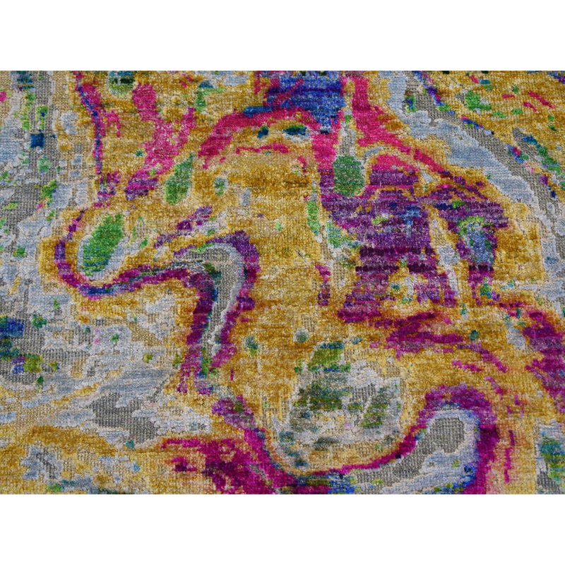 Tapis décoratif jaune noué à la main de conception unique 8 pi 9 po x 11 pi 9 po