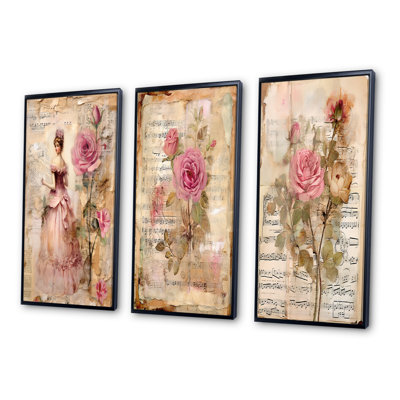 Victorian Lady Pink Roses Rustic Vintage - 3 Piece Print Set
