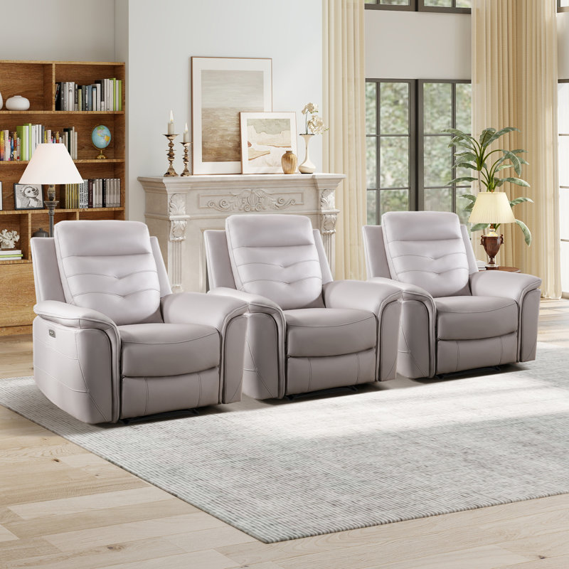 Fauteuil inclinable électrique en cuir Vegan de 39,4 po de large avec USB Alverez (ensemble de 3), Similicuir gris pâle