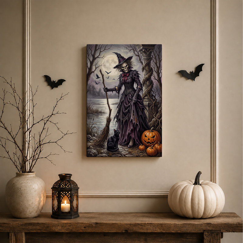 Toile gothique de sorcière squelette dans une robe mauve par Lake Halloween, 24"H x 18"W