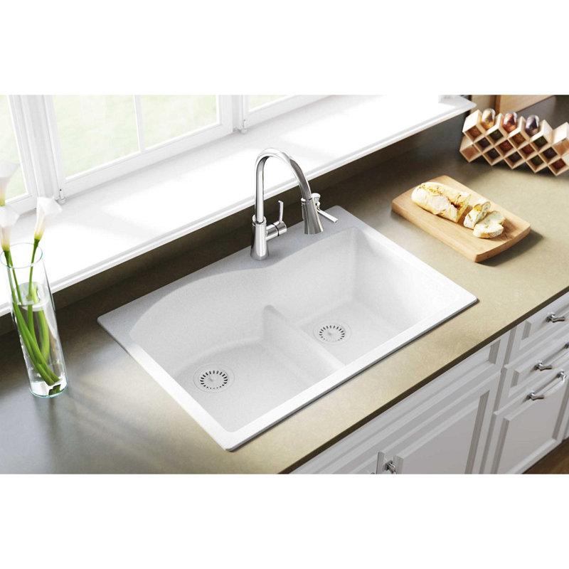 Quartz Classic 33" x 22" x 10" Double Basin Drop-In Kitchen Sink, White