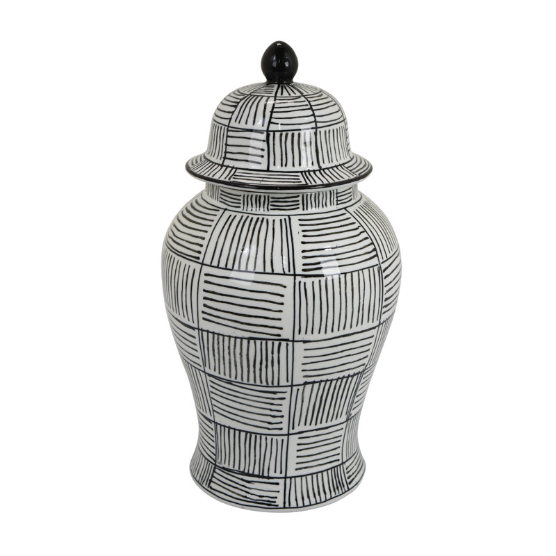 Loi Temple Jar with Lid, Black White Grid Pattern Ceramic, 17 Inch Decor