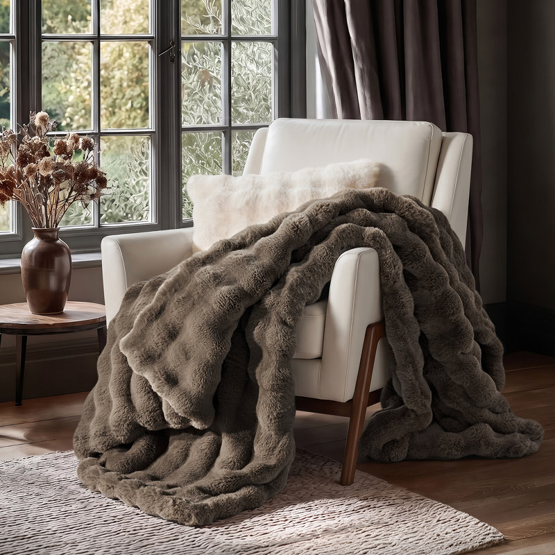 Double-Sided Bubble Faux Fur Throw Blanket, 60"x80", Dark Taupe
