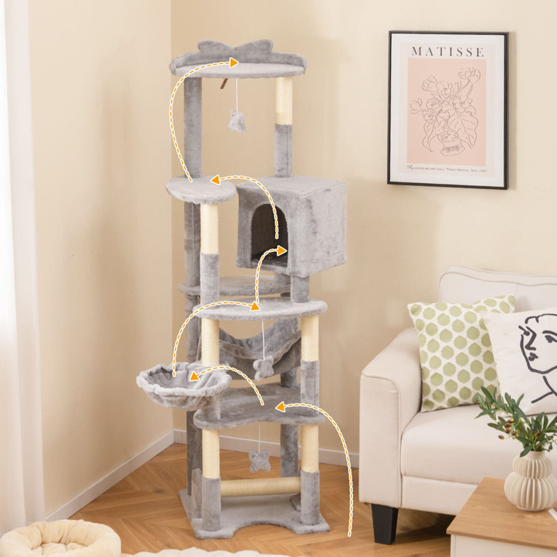 Multi-level Cat Tree 176cm Tall Cat Tower w/Top Perch & Cozy Condo-Grey