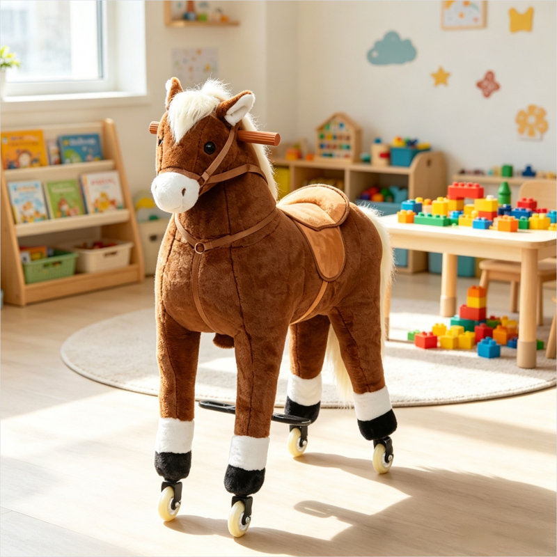 Cheval de marche interactif avec finition brun pelucheux, structure en métal, 33,5 x 13,8 x 32,7 pouces, supporte 130 lb
