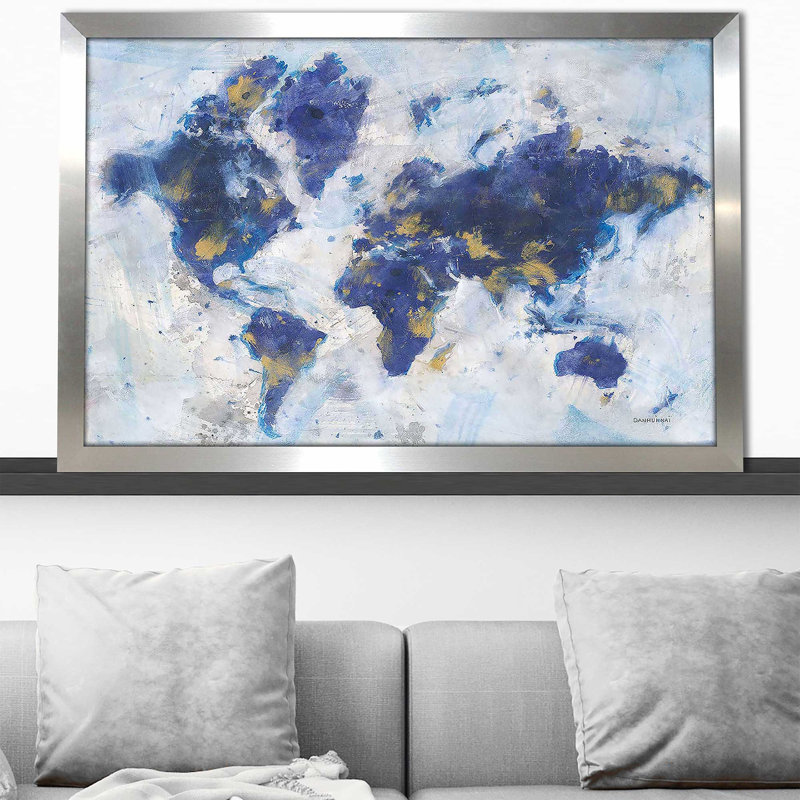 " Indigo World Map " by Danhui Nai, Silver Framed, 27.5" H x 39.5" W x 0.75" D