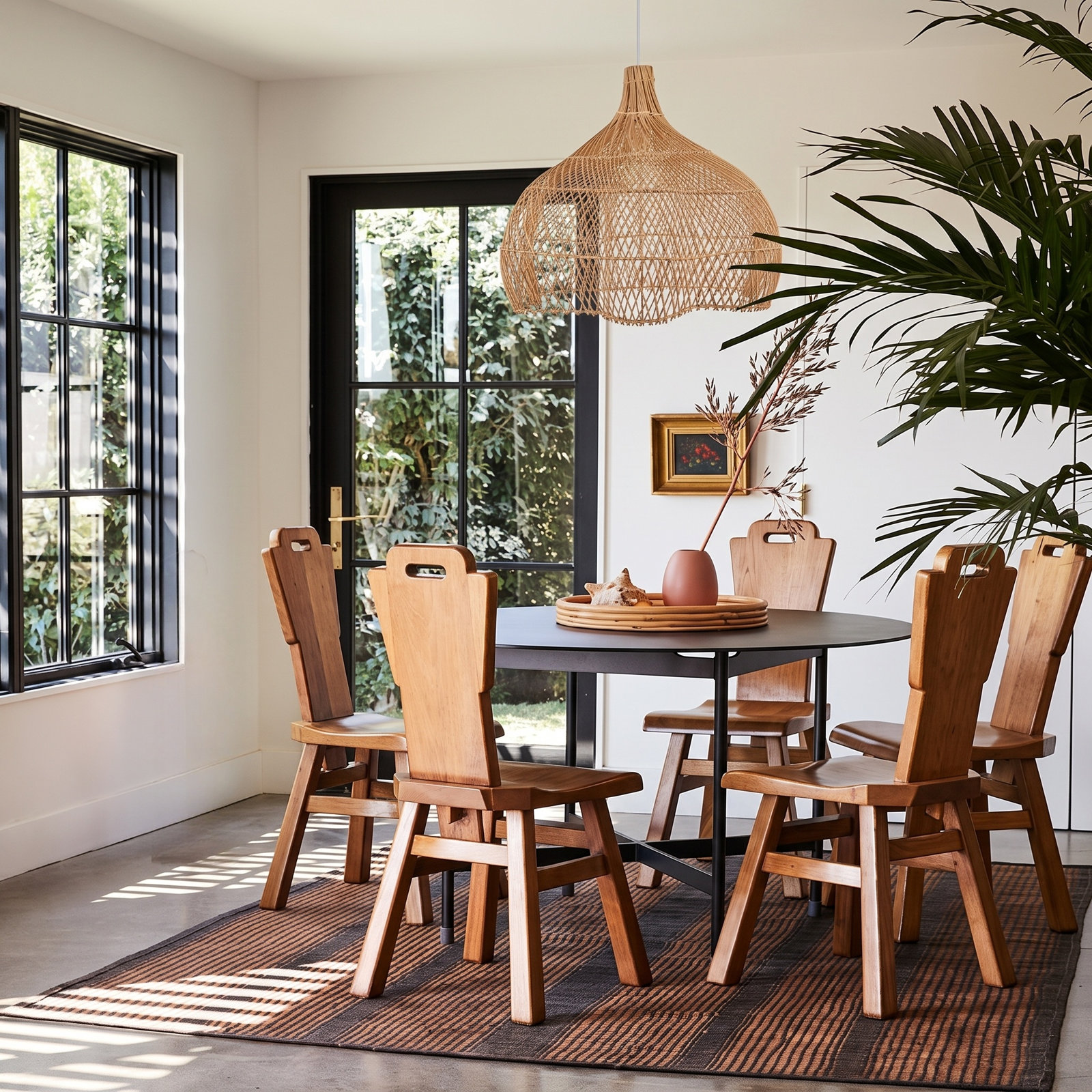 Single Light Rattan Wrought Iron Dimmable Pendant, 21.65" H x 23.62" W x 23.62" D