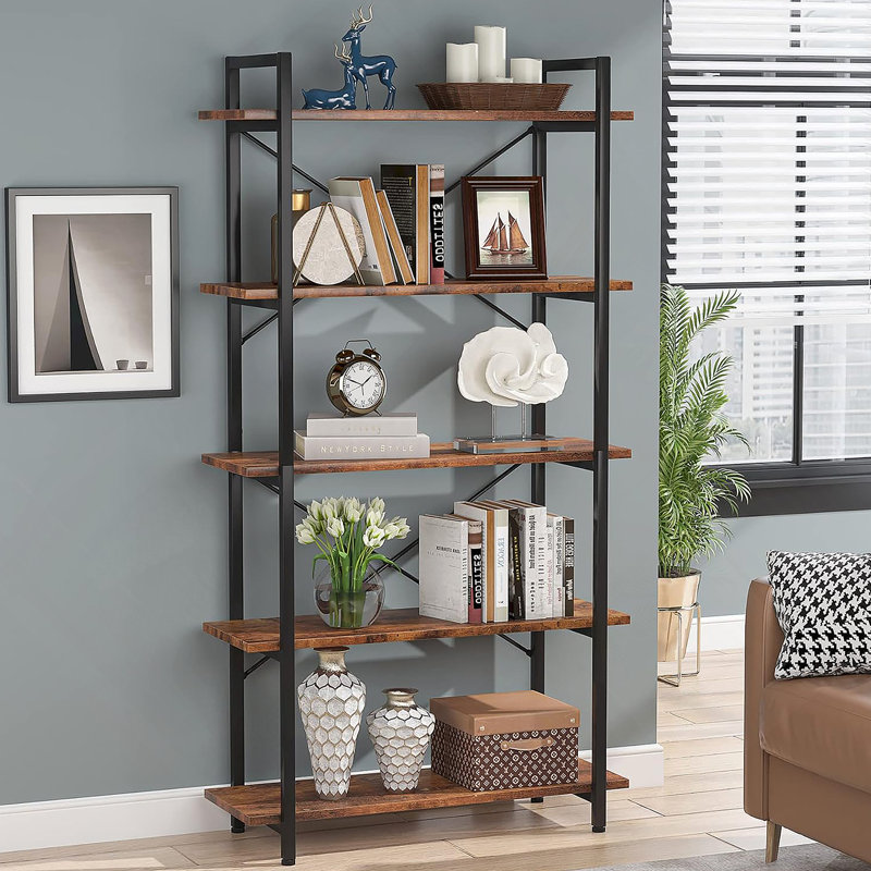 5-Tier Rustic Brown Industrial Metal Bookshelf Unit