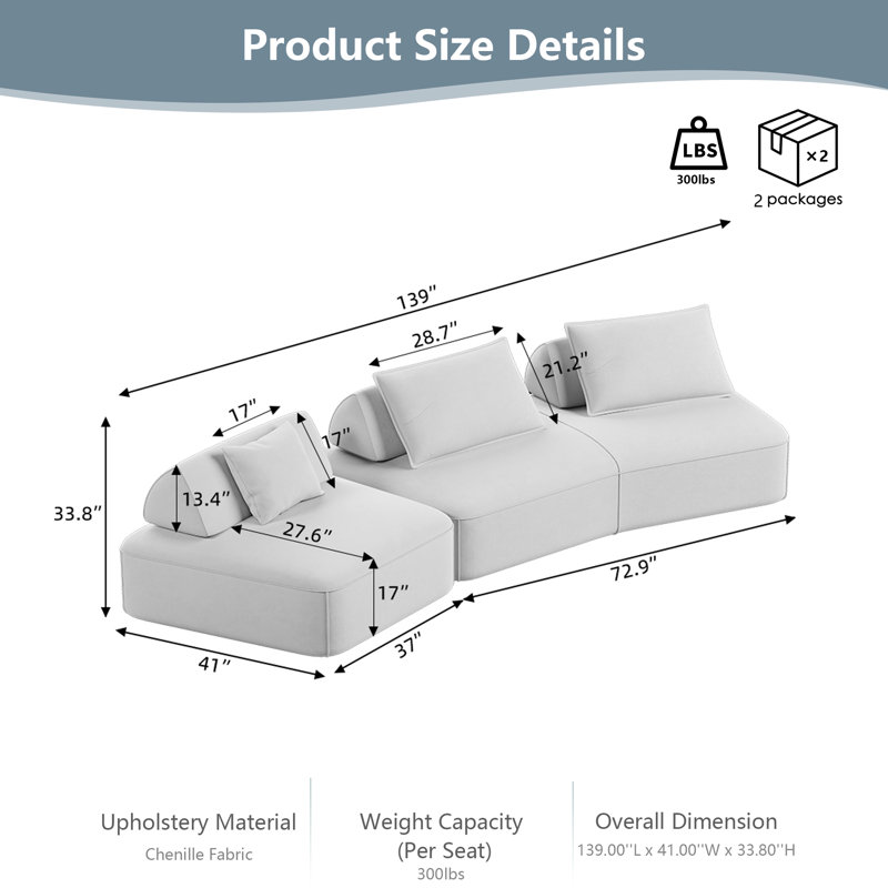 Canapé modulaire surdimensionné de 139 po - Ensemble de canapé moelleux en chenille avec dossiers amovibles, canapé profond et canapé-lit, aucun assemblage requis (capacité de 300 lb / siège)