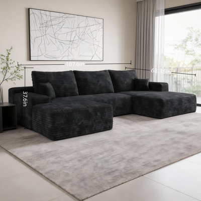 Modern Minimalist Cloud-Shaped U-Shaped Sofa, Soft Corduroy, Skin-Friendly And Breathable, Deep Seat For Comfortable Reclining, Comes With A Footstool.