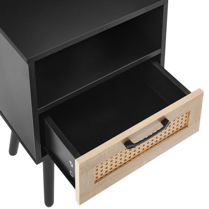 Table de bout en rotin de 15,75 po avec tiroir et pieds en bois massif, table de chevet moderne, table d'appoint pour le salon, la chambre à coucher, noir