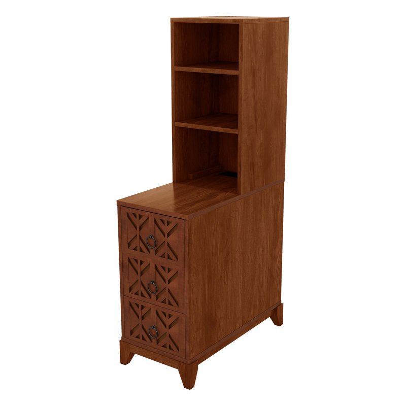 End Table With 3 Drawers, Corner Table With 2 Open Shelves, Tall Side Table For Bedroom And Corner, Walnut, Natural