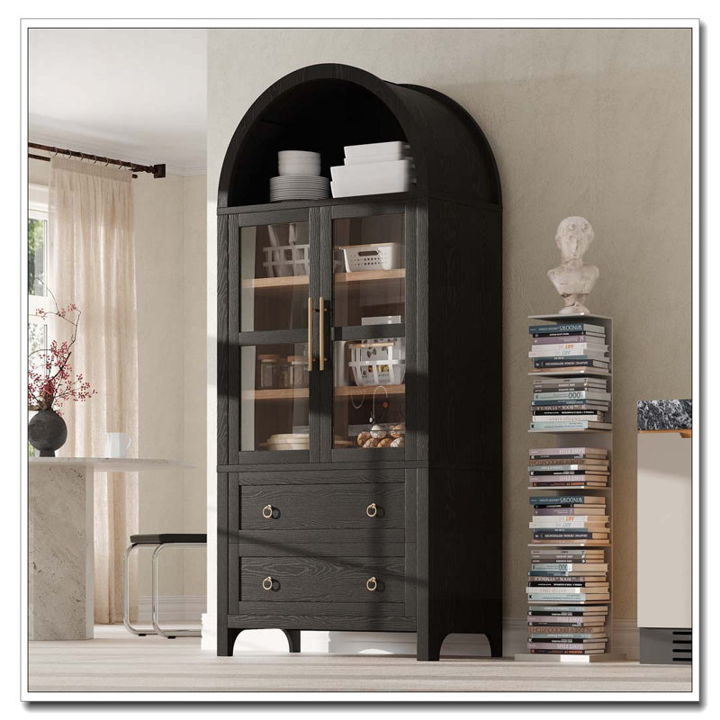 71″ Tall Arched Kitchen Pantry Cabinet with Glass Doors and Drawers, Black