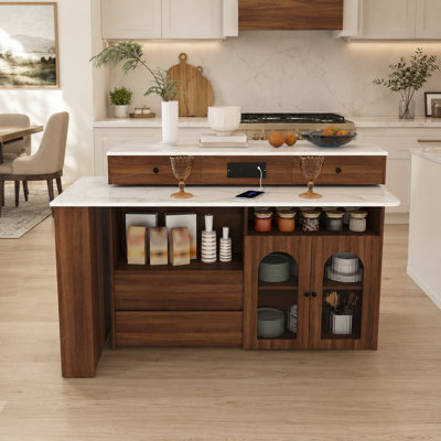 Îlot de cuisine extensible de 47 pouces avec table à manger pivotante, prises électriques intégrées et armoires vitrées cintrées