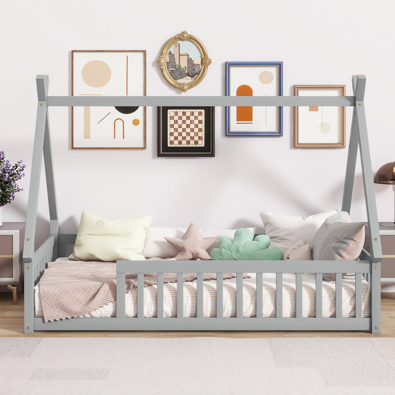 Lit simple tipi avec garde-corps, lit de sol en forme de tente avec lattes pour enfants, gris, Gris