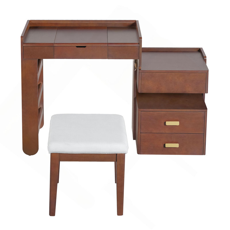 Meuble-lavabo 3 en 1 avec miroir rabattable, éclairage DEL, longueur réglable et grands tiroirs - Coiffeuse multifonctionnelle élégante pour la maison