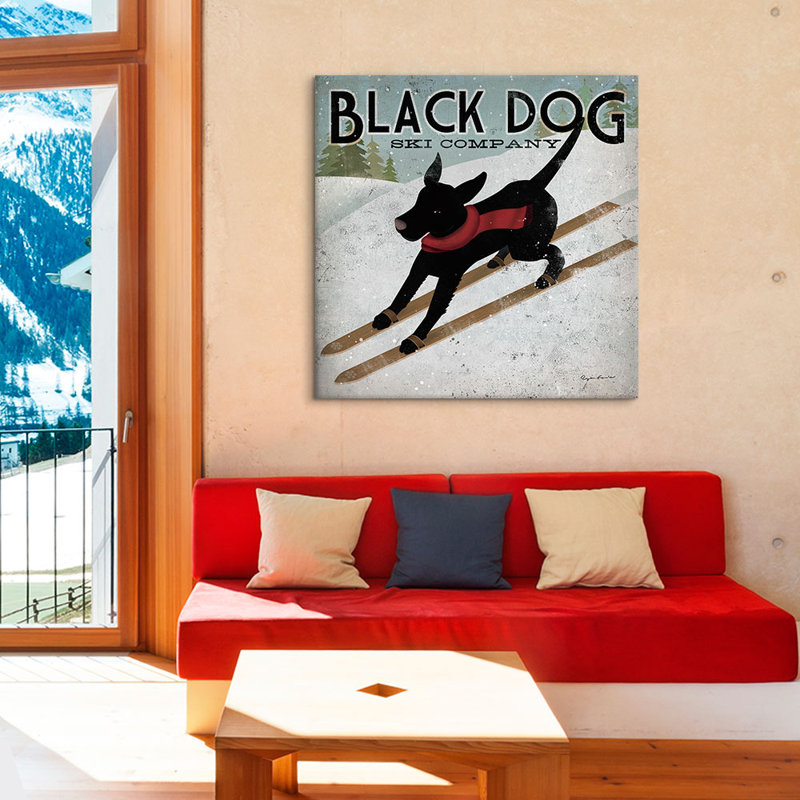 « dog ski co. »-impression sur toile tendue, reproduction d’art noir, H 12 po x l 12 po x P 1,5 po, Toile avec cadre doré
