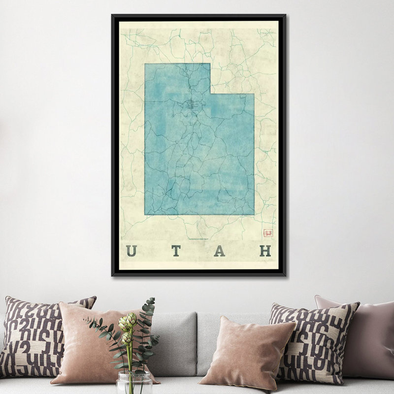 «Utah Map», impression sur toile, H 26 po x l 18 po x P 1,5 po, Toile encadrée noire, Pas de tapis