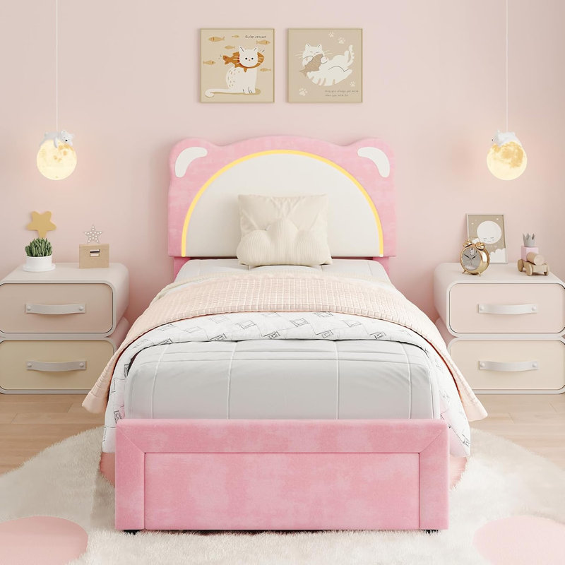 Upholstered Twin&Extra-long Twin Daybed Frame for KidsWith Led Lights & Storage Drawer, Twin Platform Bed with Carton Ears Shaped Headboard, Wood