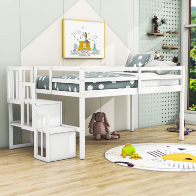Demarcos Twin Size Wood Loft Bed with Shelves and Staircase by Harriet Bee