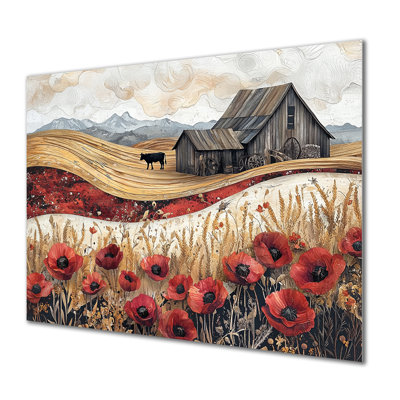 Campagne coquelicots et vache et la grange III - reproduction d'art traditionnelle en métal, coquelicots en métal