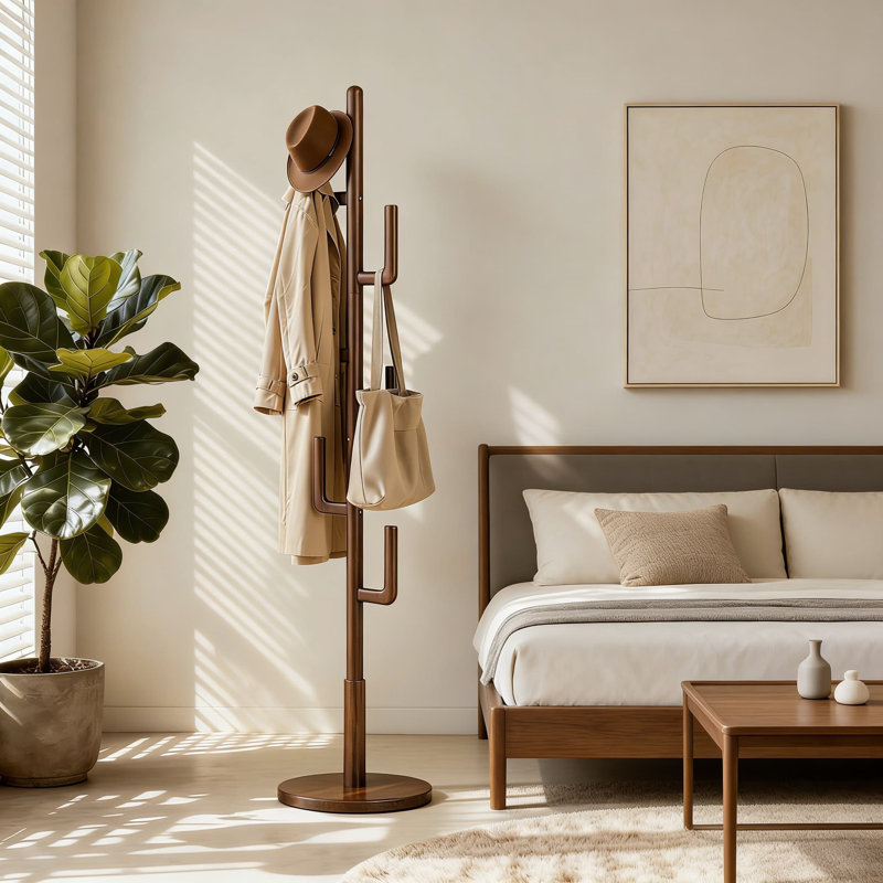 Portemanteau autoportant en bois massif avec 6 crochets en forme de L, portemanteau à hauteur réglable de style Cactus moderne pour l'entrée, la chambre à coucher et le salon