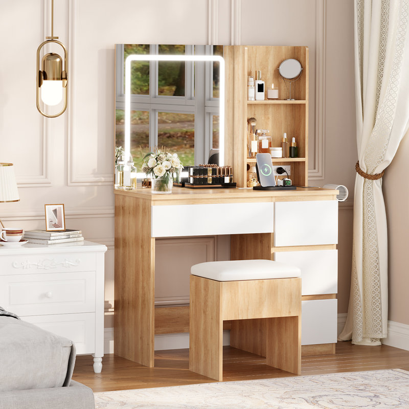 Bureau de coiffeuse, miroir lumineux, 4 tiroirs, prise de courant, tabouret, tablettes, couleur de bois, Jaune