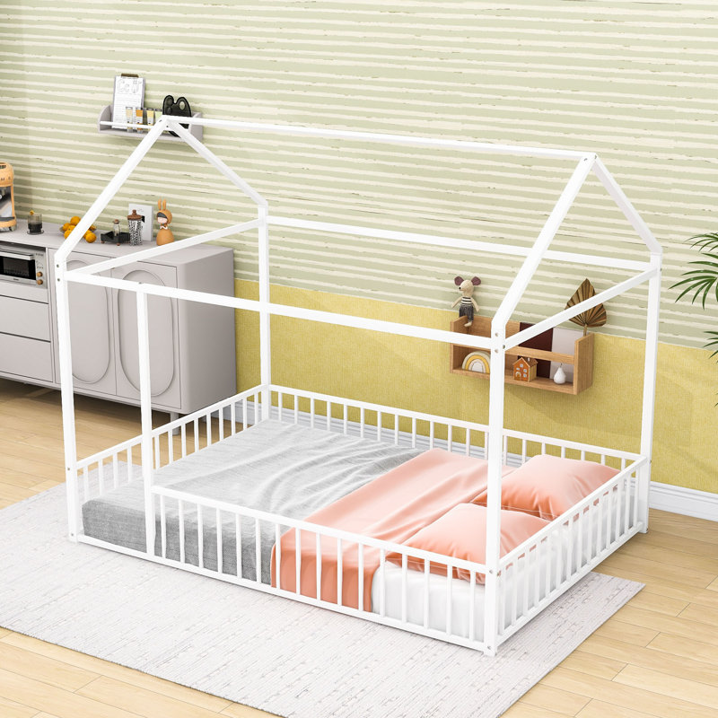 Full Size Metal House-Shaped Bed With With Roof And Fence, White