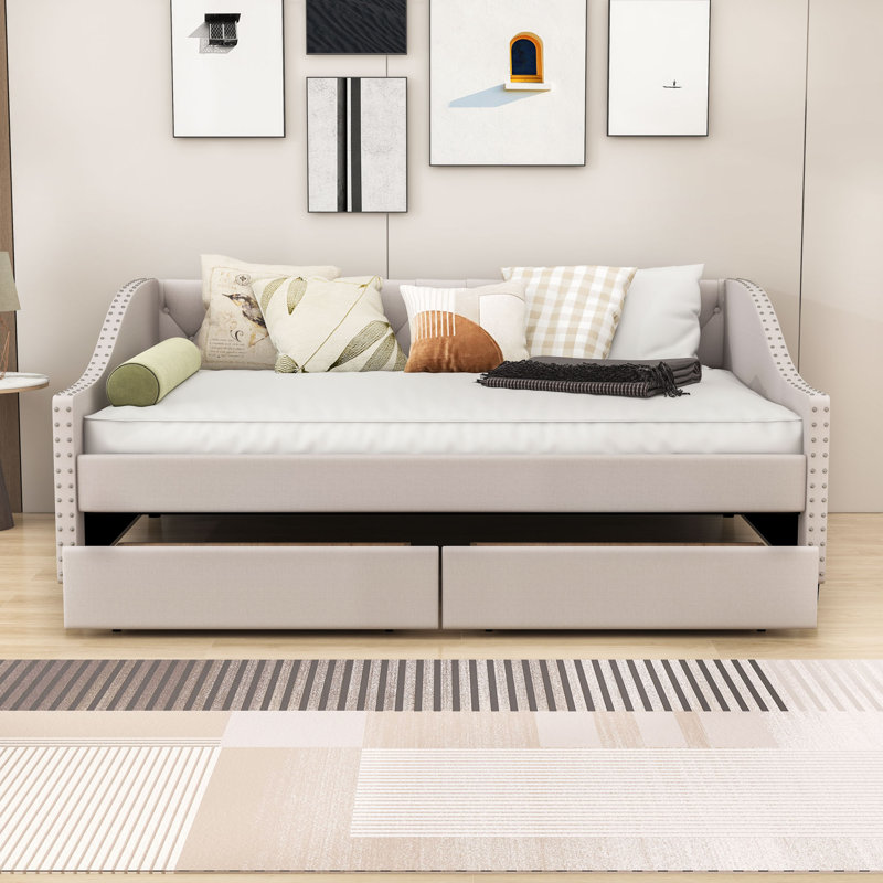  Lit de jour double avec deux tiroirs Arnav, Beige