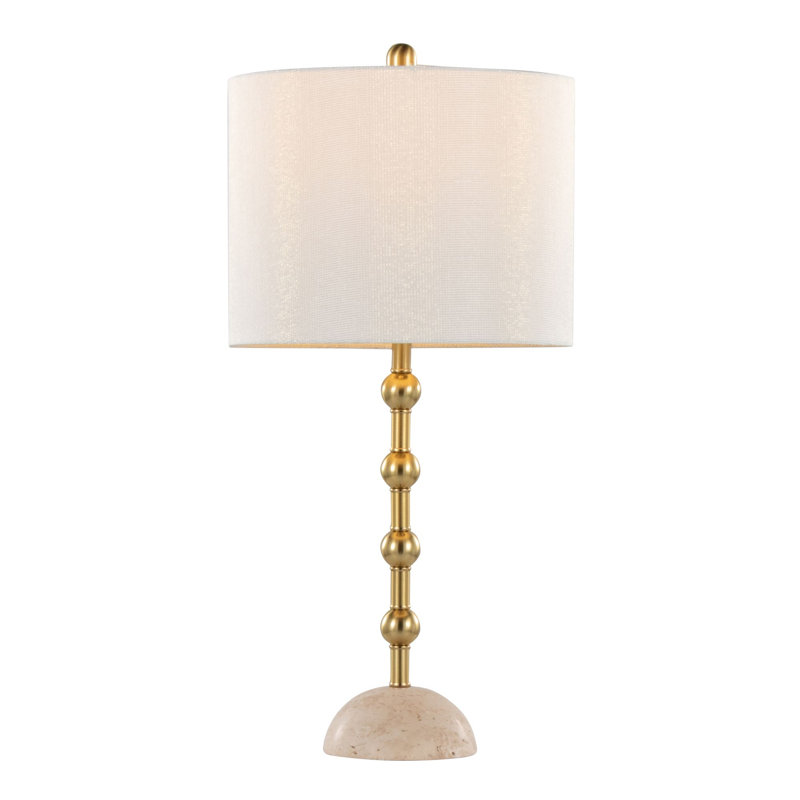 Ensemble de 2 lampes de table 27 "Glam Contemporary, base en travertin avec métal doré et abat-jour chatoyant blanc cassé