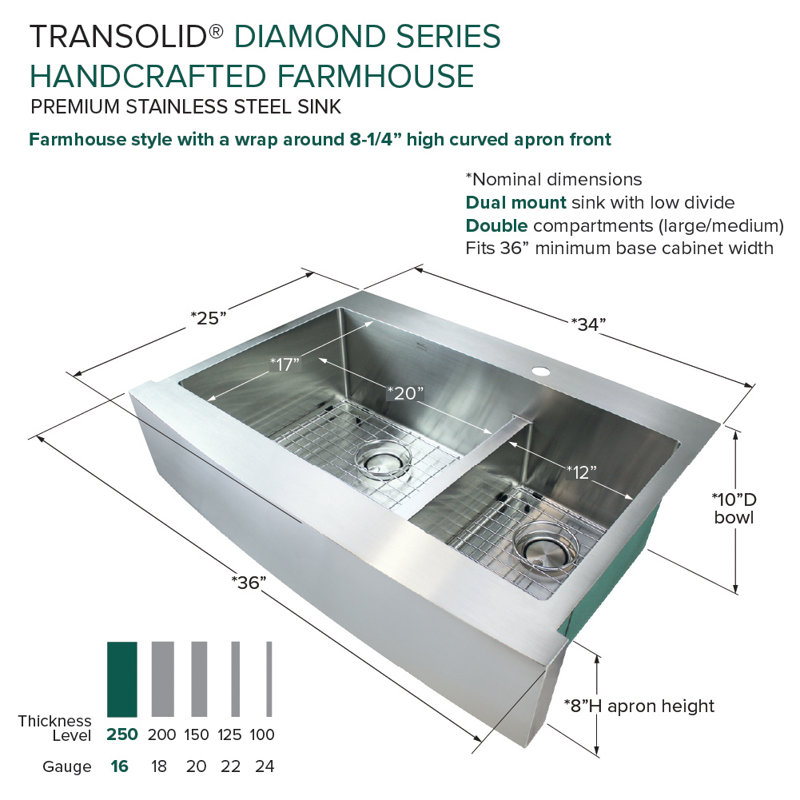 Évier de cuisine à double cuve avec filtre à panier L 36 po x l 26 po Diamond, 2 trous